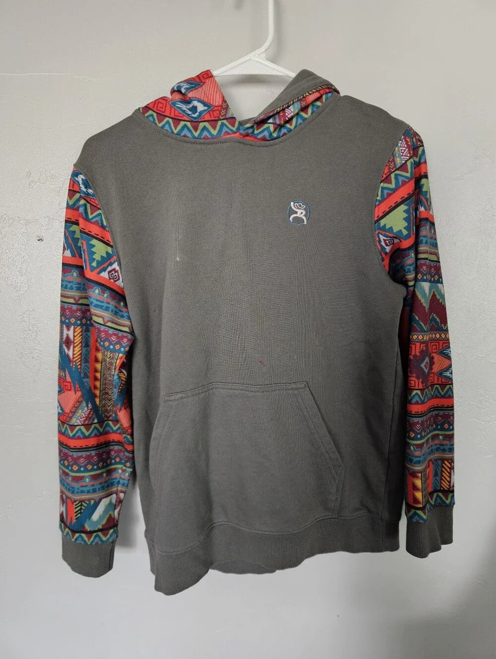 Hooey Youth Large Gray Pullover Hoodie with Colorful Aztec Sleeves Western